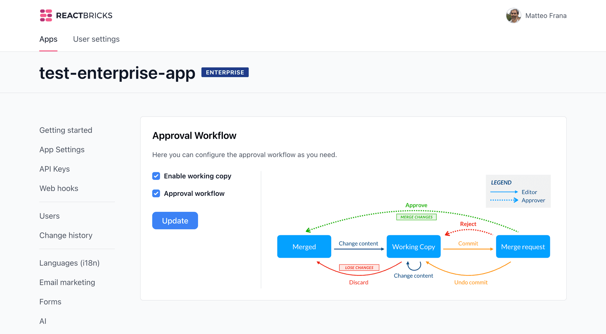 React Bricks dashboard